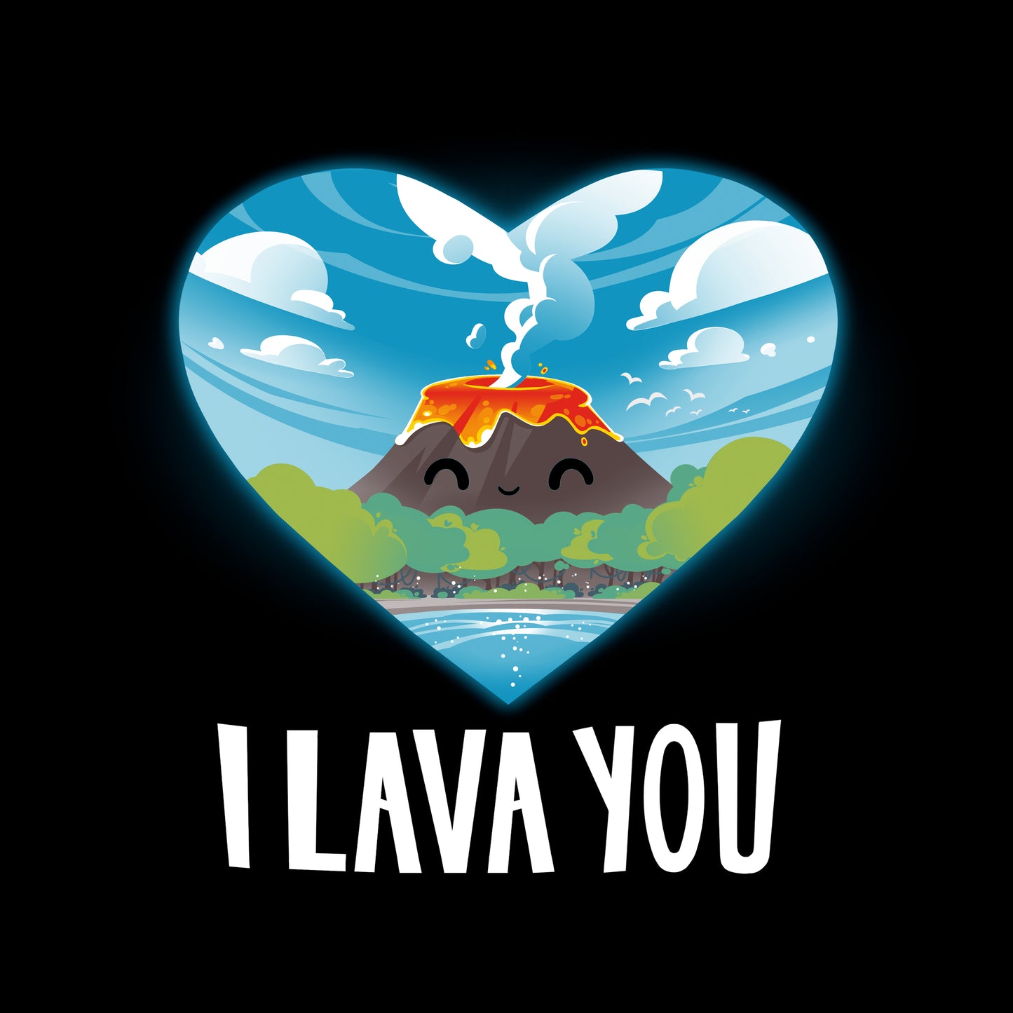 Crew Neck Sweatshirt_An illustration of a smiling volcano with lava, surrounded by trees and water, inside a heart shape. The text below reads "I LAVA YOU." This I Lava You apparel by monsterdigital is made from super soft ringspun cotton for ultimate comfort. Suitable for everyone, it's the perfect unisex tee!