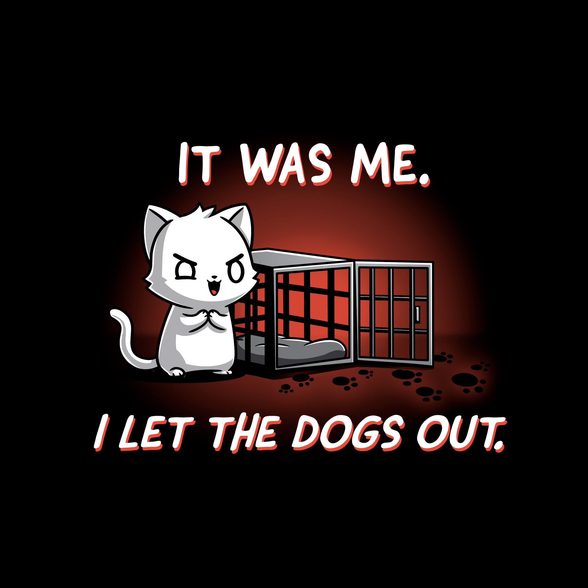 Classic Cotton T-shirt_TeeTurtle I let the dogs out black t-shirt featuring a cat next to an empty dog cage.