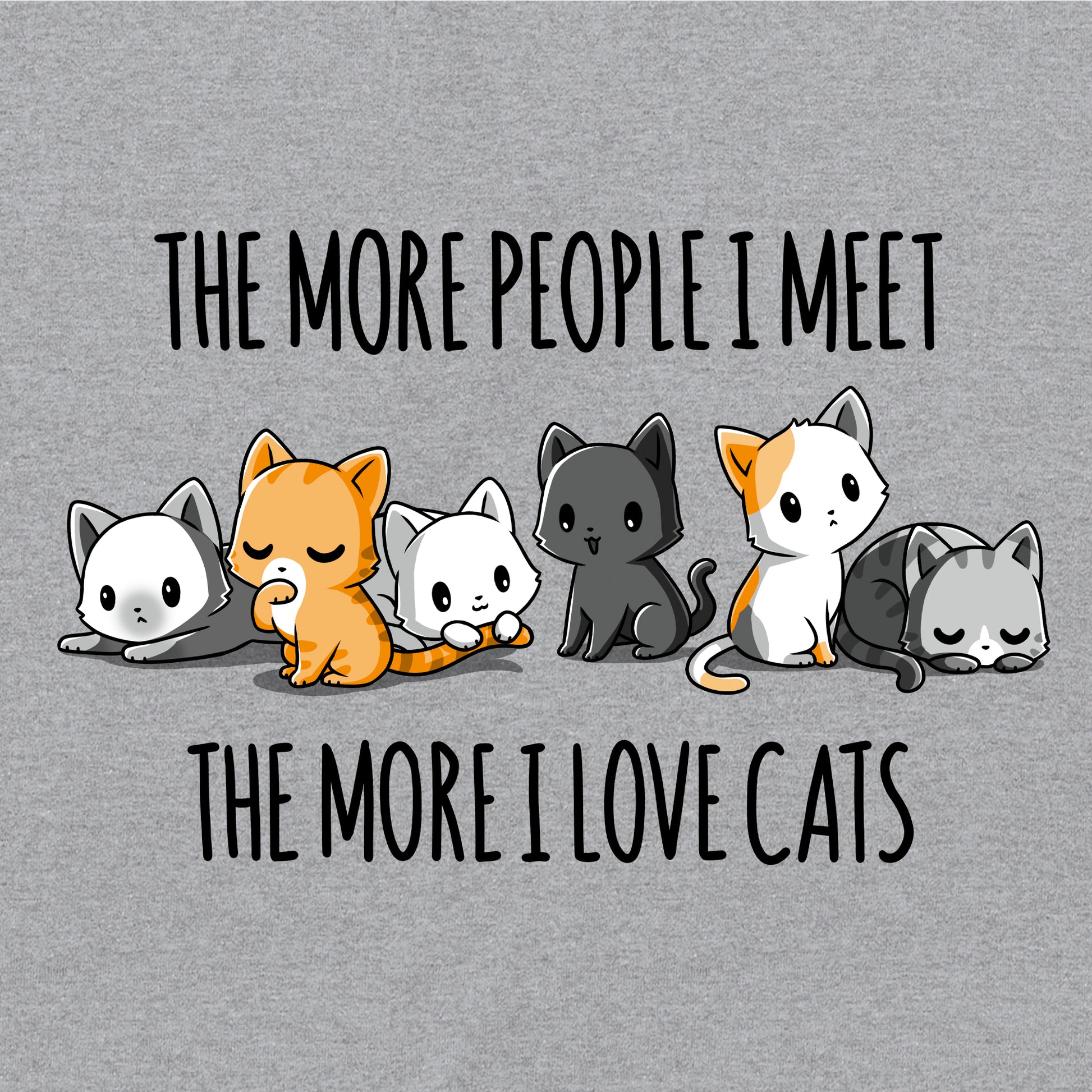 Classic Cotton T-shirt_TeeTurtle I Love Cats heather gray t-shirt featuring an illustration of six cats sitting in a row with the text "The more people I meet, the more I love cats."