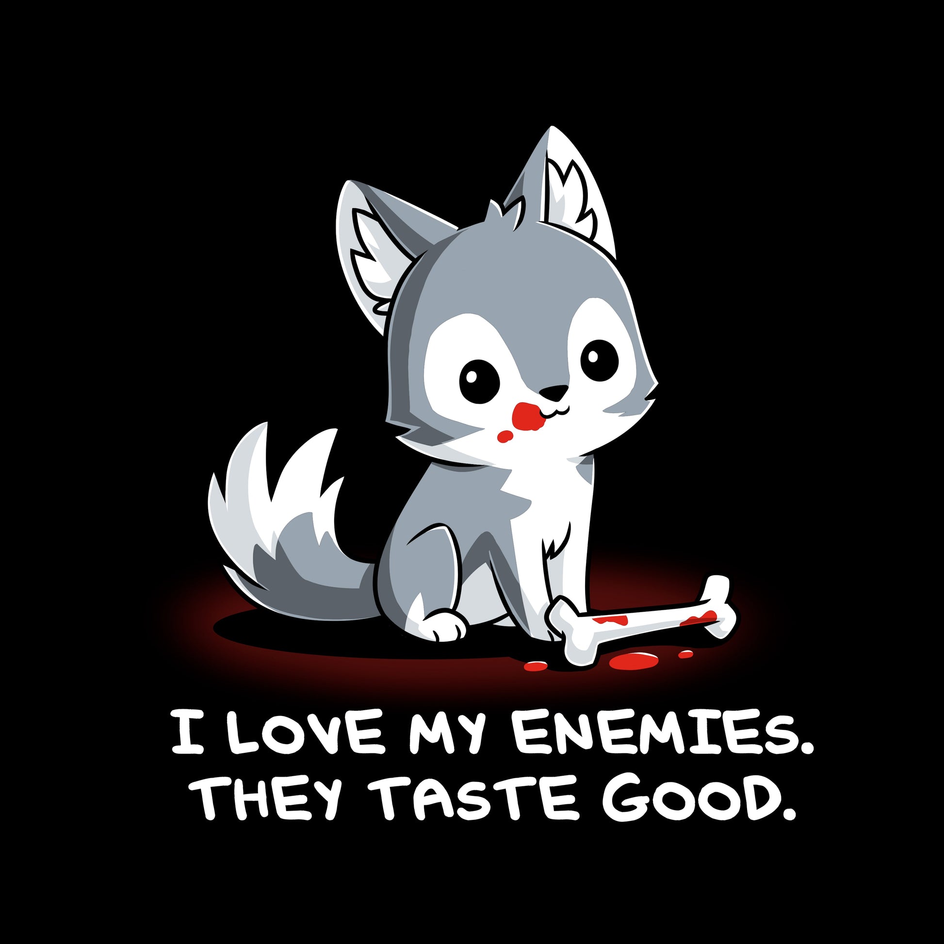 Long Sleeve T-shirt_TeeTurtle I Love My Enemies black t-shirt featuring wolf with blood on its muzzle holding a bone, accompanied by the text "I Love My Enemies. They Taste Good."