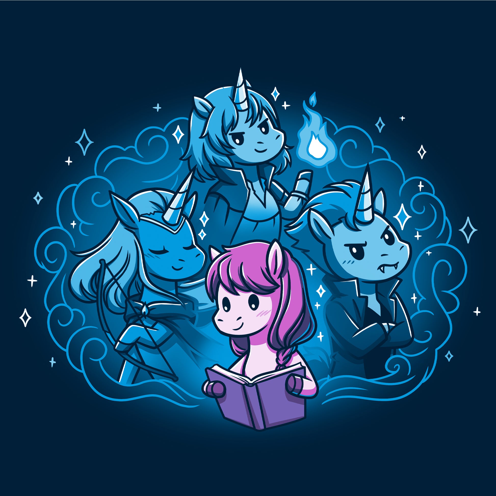 Classic Cotton T-shirt_Teeturtle I Love My Fictional Boyfriends navy blue t-shirt featuring a cute unicorn reading a book dreaming about their fictional boyfriends, an elf archer unicorn, a mage unicorn and a vampire unicorn.