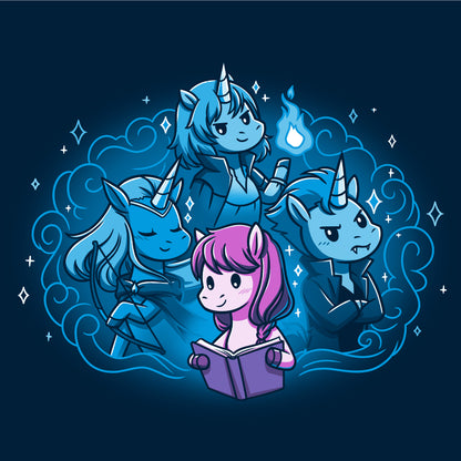 Crew Neck Sweatshirt_TeeTurtle navy blue I Love My Fictional Boyfriends featuring a cute unicorn reading a book dreaming about their fictional boyfriends, an elf archer unicorn, a mage unicorn and a vampire unicorn.