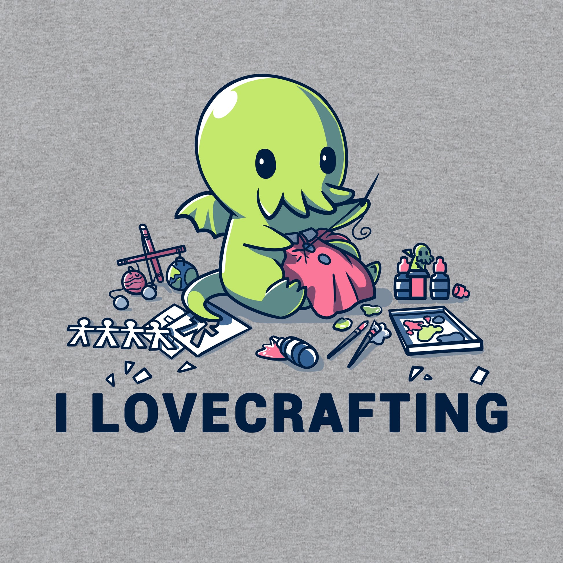 Classic Cotton T-shirt_TeeTurtle silver gray I Lovecrafting. Featuring Cthulhu sewing, and surrounded by crafting materials.