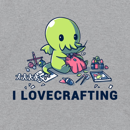 Classic Cotton T-shirt_TeeTurtle heather gray I Lovecrafting. Featuring Cthulhu sewing, and surrounded by crafting materials.