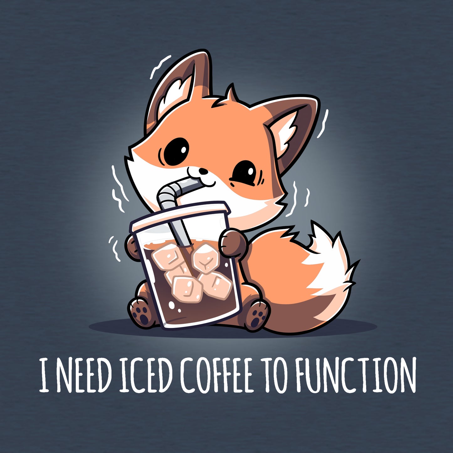 Classic Cotton T-shirt_TeeTurtle I Need Iced Coffee to Function heather navy blue t-shirt featuring a fox holding a cup of iced coffee.