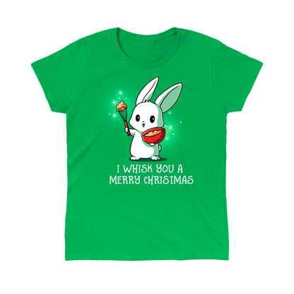 Classic Cotton T-shirt_TeeTurtle I Whisk You a Merry Christmas irish green  t-shirt featuring a bunny holding a bowl and whisk with a holiday pun beneath it.