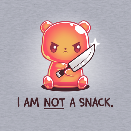 Classic Cotton T-shirt_TeeTurtle I Am Not A Snack heather gray t-shirt featuring a semi-translucent orange gummy bear holding a large kitchen knife looking angry. Beneath it there's text saying "I am not a snack"