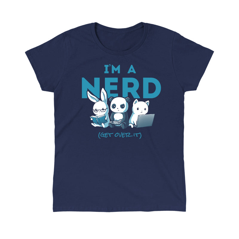 Classic Cotton T-shirt_TeeTurtle navy blue I'm A Nerd. Featuring a bunny, panda, and cat respectively reading, playing a video game, and typing on a laptop.