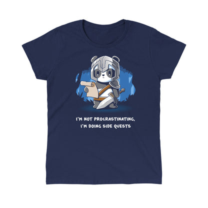 Classic Cotton T-shirt_TeeTurtle navy blue I'm Doing Side Quests. Featuring a warrior panda holding a scroll saying, "I'm not procrastinating, I'm doing side quests.".