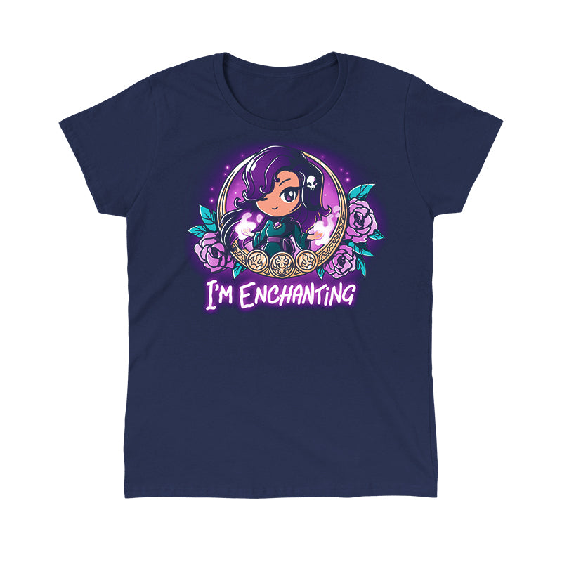 Classic Cotton T-shirt_TeeTurtle I'm Enchanting navy blue t-shirt featuring an illustration of a girl positioned within a gold-edged, ornate frame decorated with purple flowers and leaves winking her purple eyes with a white skull in her purple hair. "I'M ENCHANTING" is written underneath.