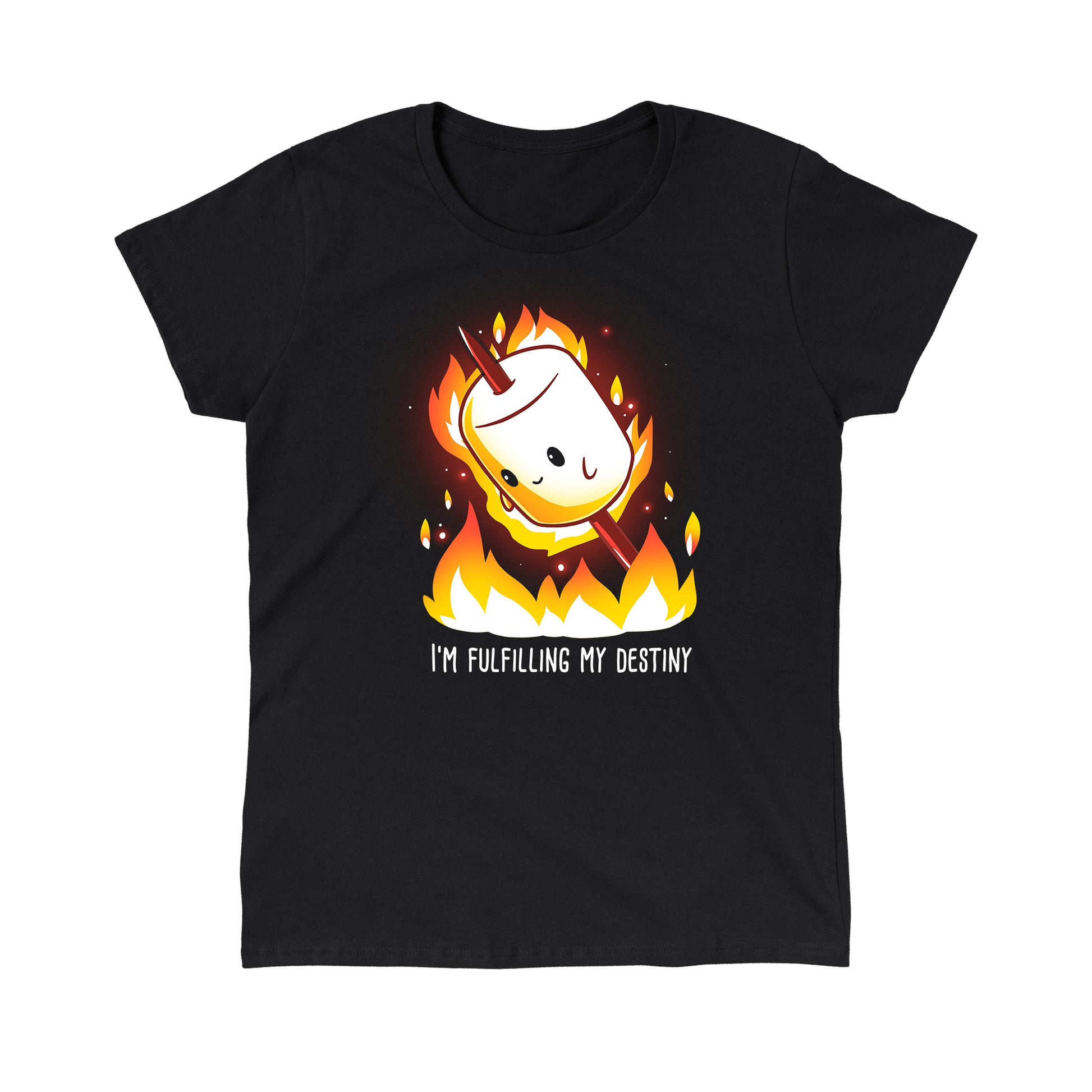 Classic Cotton T-shirt_TeeTurtle I'm Fulfilling My Destiny black t-shirt featuring a cheerful marshmallow on a stick is surrounded by flames with the caption "I'm Fulfilling My Destiny" below in this food design. 