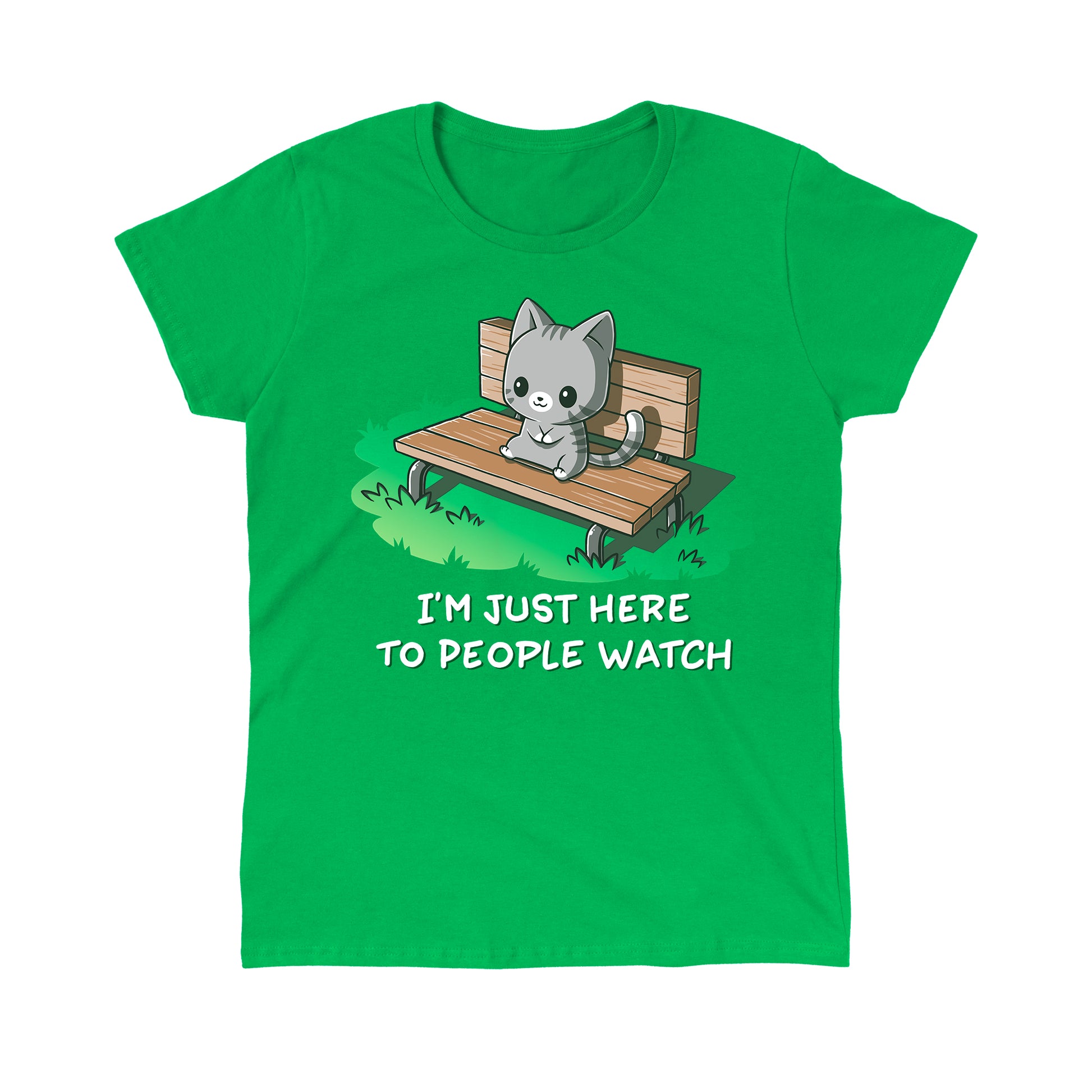 Classic Cotton T-shirt_TeeTurtle I'm Just Here to People Watch Irish green t-shirt featuring an illustration of a cute gray cartoon cat sitting on a bench in the grass, accompanied by the text "I'M JUST HERE TO PEOPLE WATCH" written below. 