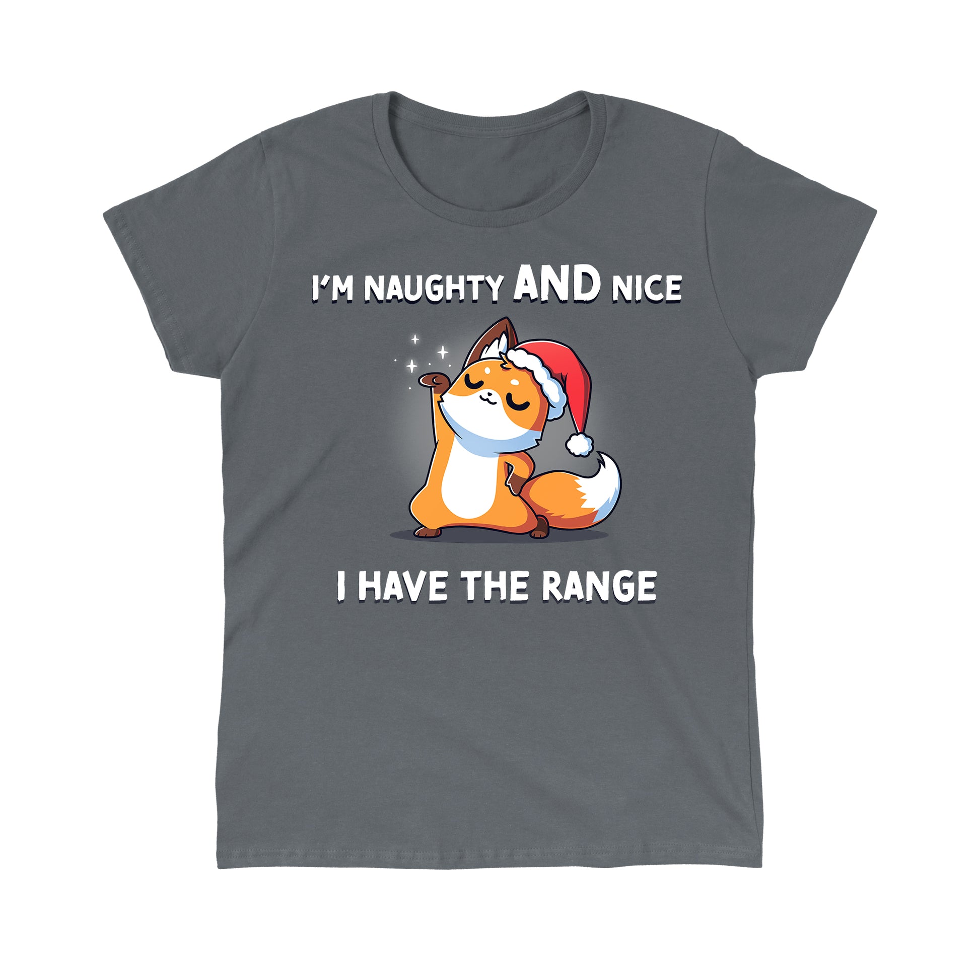 Classic Cotton T-shirt_TeeTurtle charcoal gray I Have the Range apparel featuring a sassy fox wearing a Santa hat.