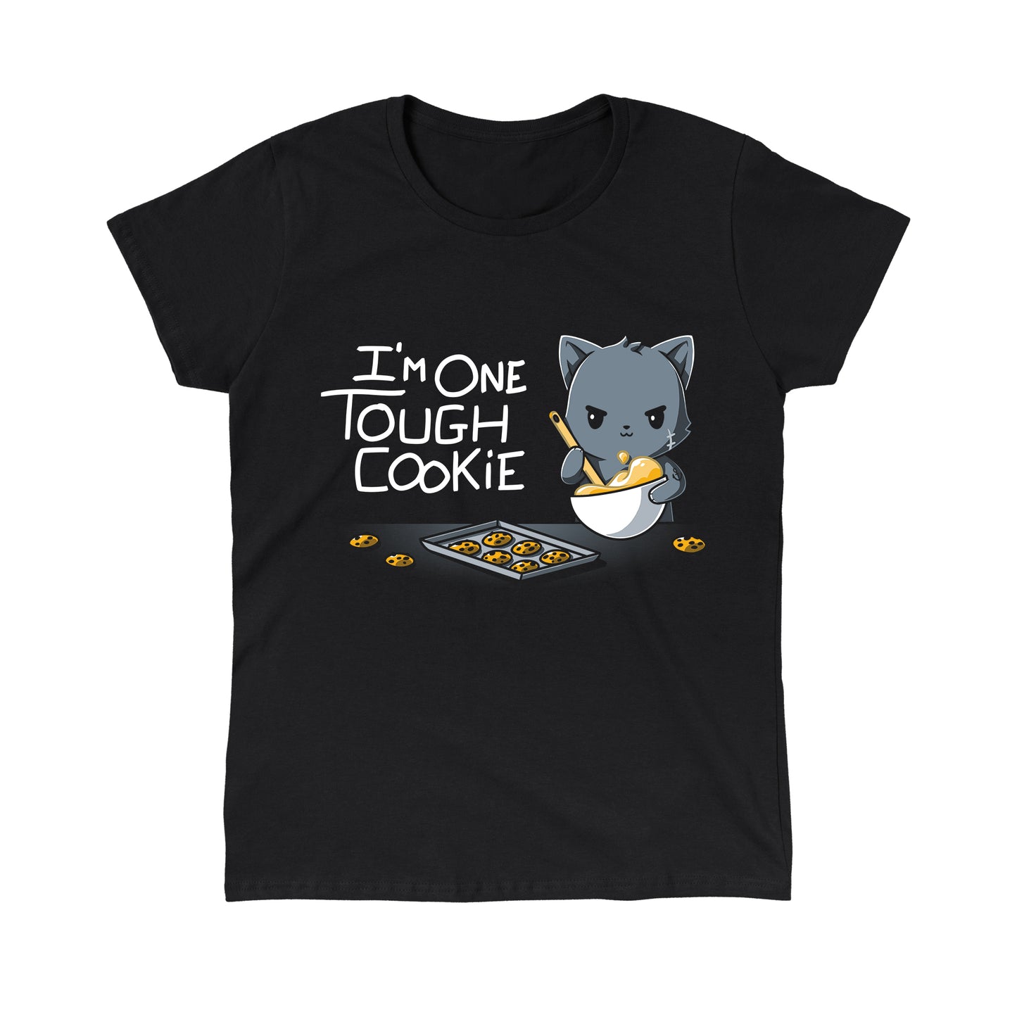 Classic Cotton T-shirt_TeeTurtle I'm One Tough Cookie black t-shirt featuring a tough cat baking cookies.