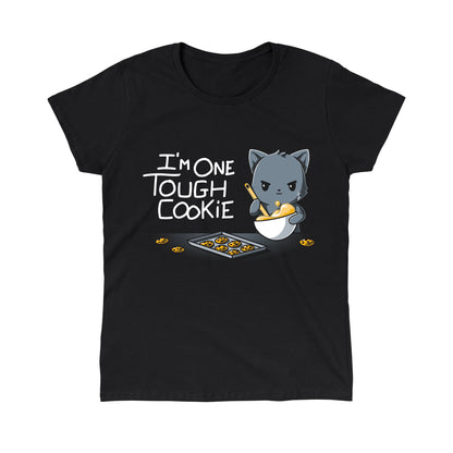 Classic Cotton T-shirt_TeeTurtle I'm One Tough Cookie black t-shirt featuring a tough cat baking cookies.