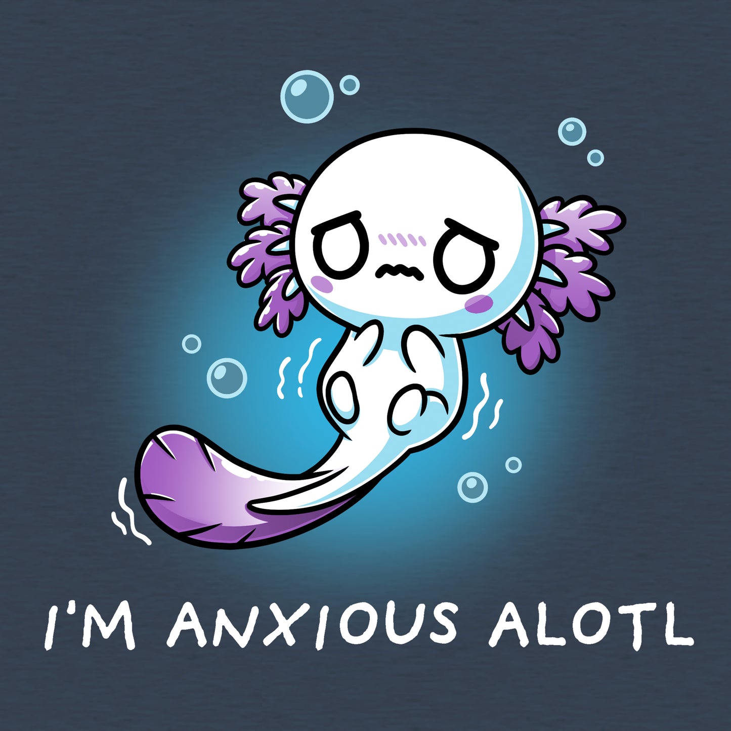 Classic Cotton T-shirt_TeeTurtle I'm Anxious Alotl heather navy blue t-shirt featuring an axolotl with a worried expression, surrounded by bubbles.