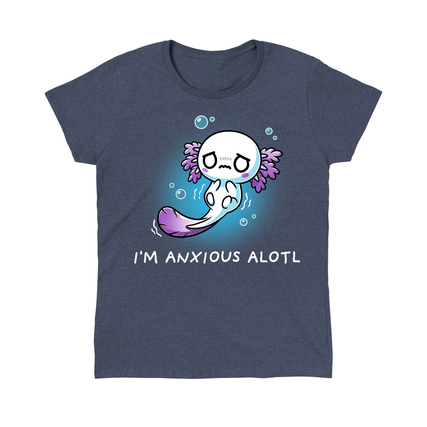 Classic Cotton T-shirt_TeeTurtle I'm Anxious Alotl heather navy blue t-shirt featuring an axolotl with a worried expression, surrounded by bubbles.