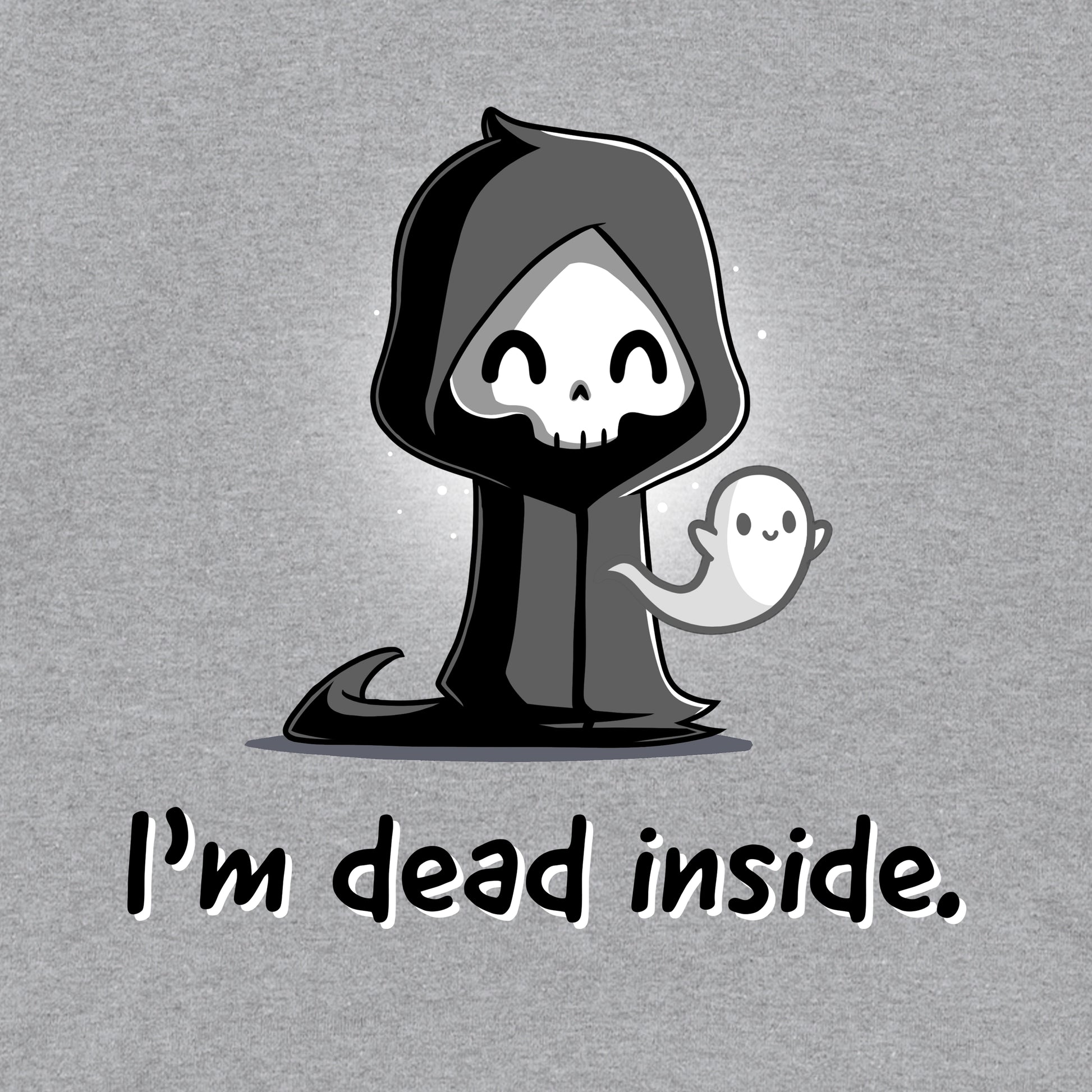 Long Sleeve T-shirt_A cartoon grim reaper, smiling, with a ghost on its right, graces the front of this super soft cotton monsterdigital "I'm Dead Inside" apparel.