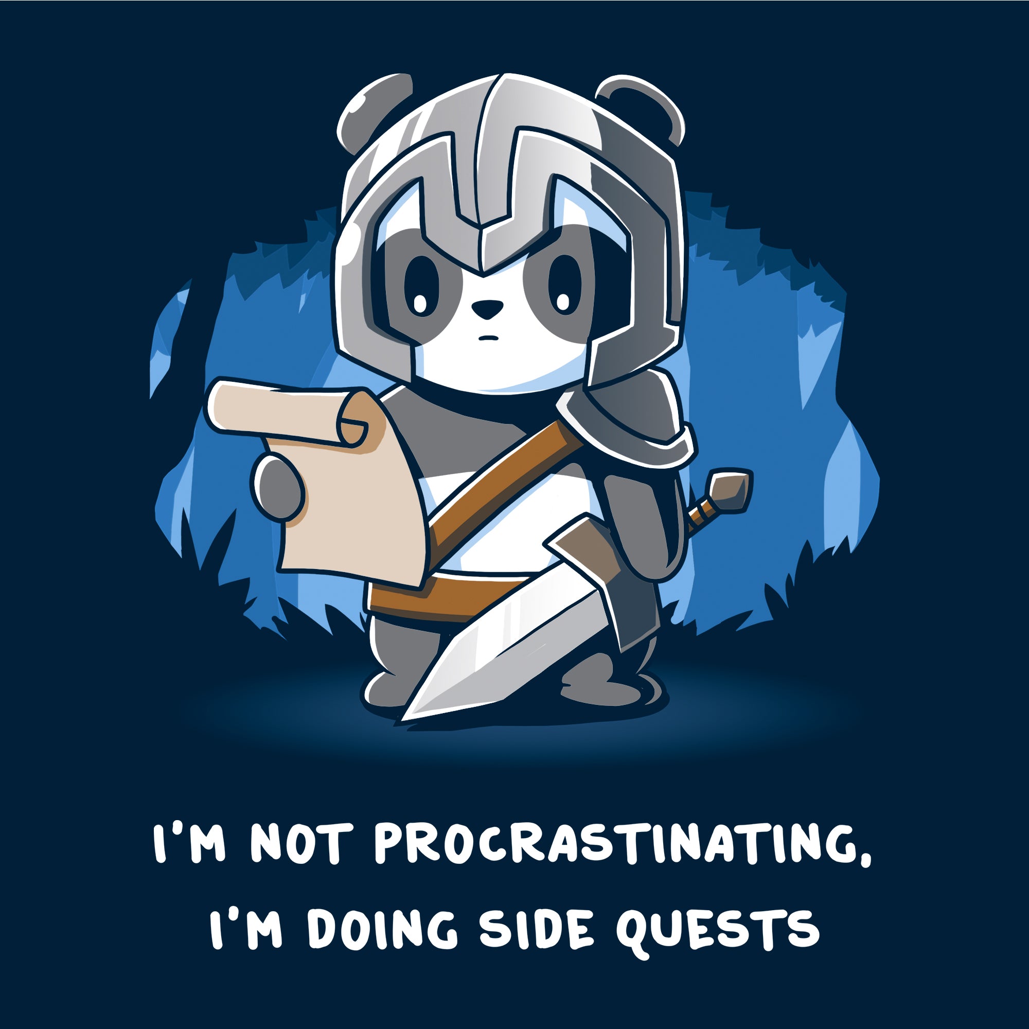 Classic Cotton T-shirt_TeeTurtle navy blue I'm Doing Side Quests. Featuring a warrior panda holding a scroll saying, 