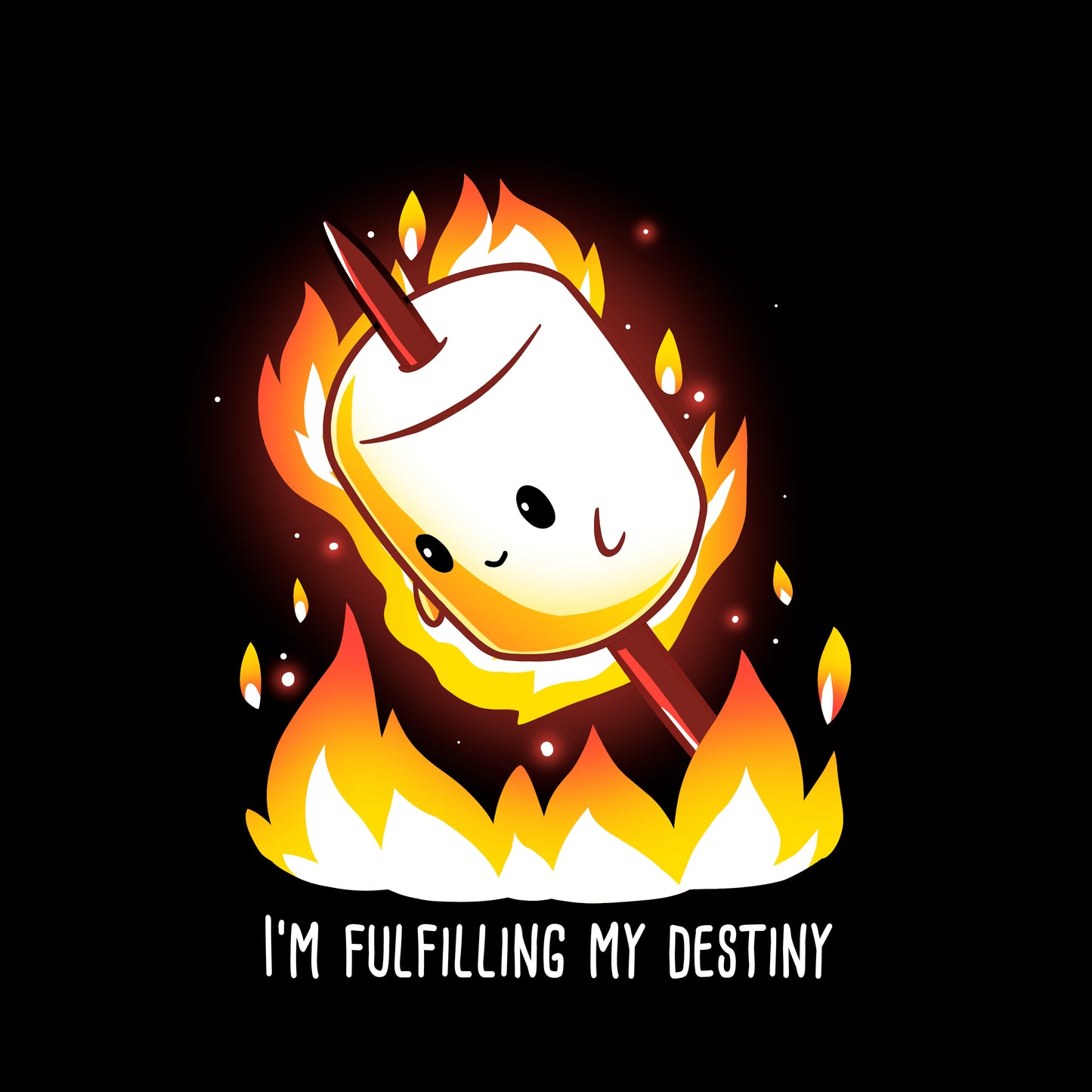 Classic Cotton T-shirt_TeeTurtle I'm Fulfilling My Destiny black t-shirt featuring a cheerful marshmallow on a stick is surrounded by flames with the caption "I'm Fulfilling My Destiny" below in this food design. 