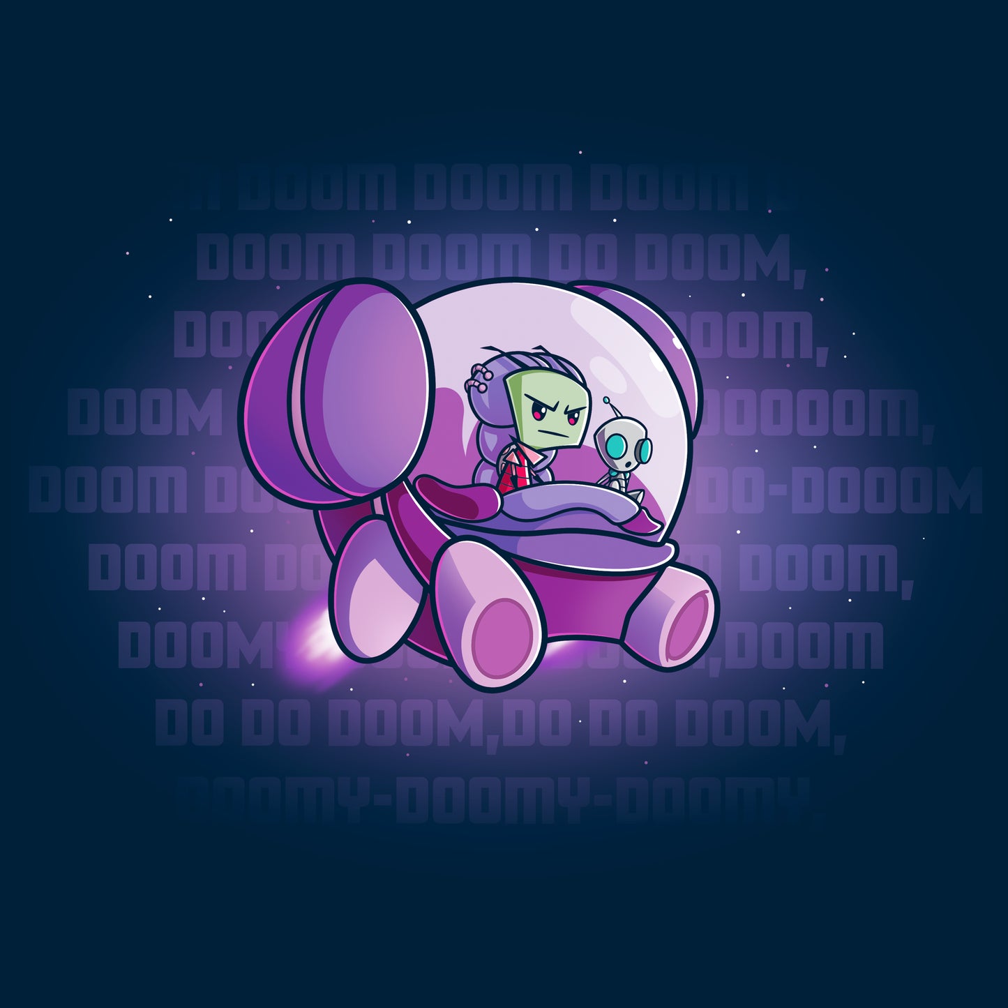 Pullover Hoodie_TeeTurtle navy blue The Doom Song apparel featuring Invader Zim and Gir in a spaceship with Gir singing the Doom Song.