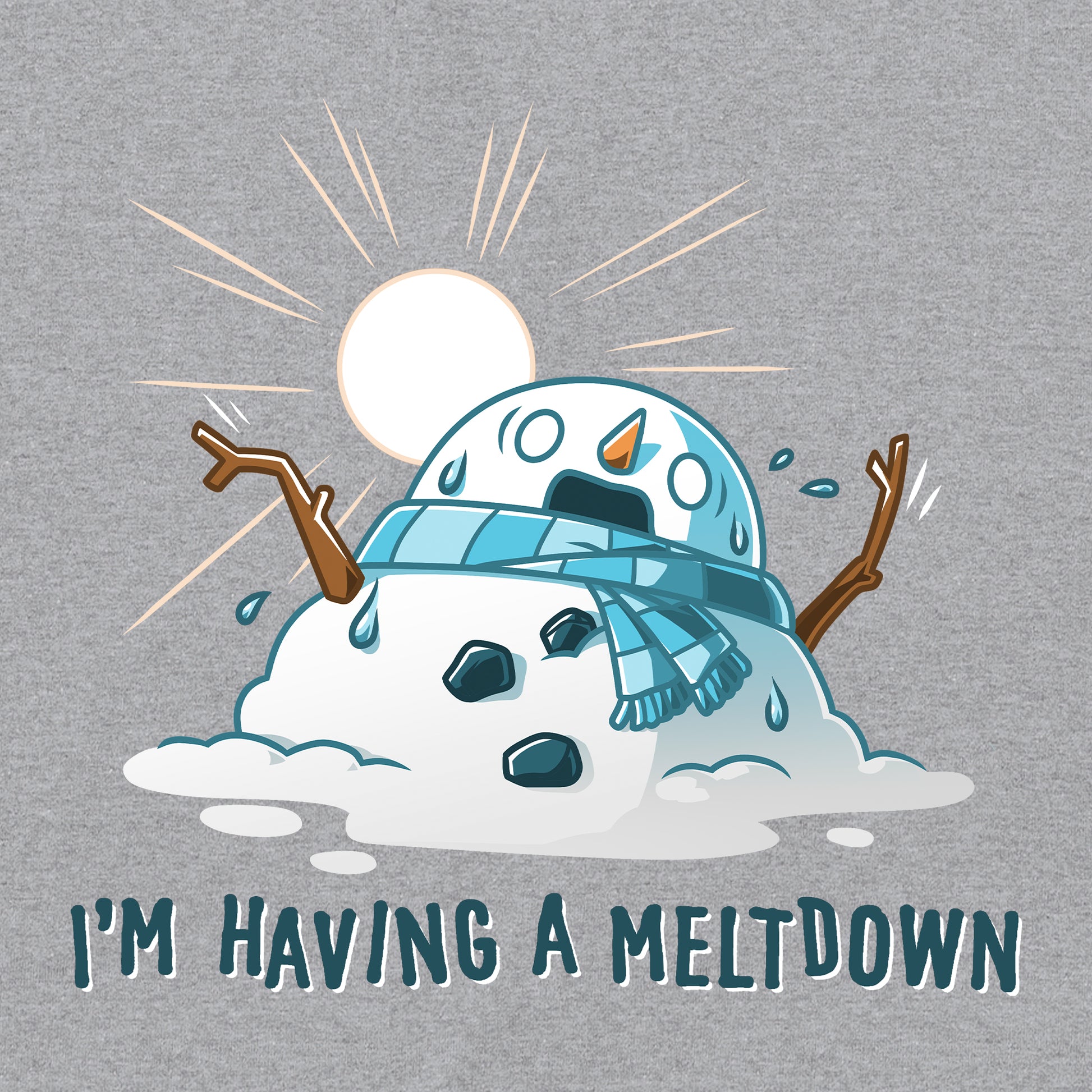 Classic Cotton T-shirt_TeeTurtle I'm Having a Meltdown heather gray t-shirt featuring a melting snowman with a distressed expression under a hot sun, wearing a scarf. The text below reads "I'm Having a Meltdown."