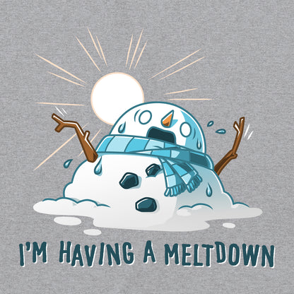 Classic Cotton T-shirt_TeeTurtle I'm Having a Meltdown heather gray t-shirt featuring a melting snowman with a distressed expression under a hot sun, wearing a scarf. The text below reads "I'm Having a Meltdown."