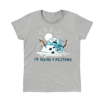 Classic Cotton T-shirt_TeeTurtle I'm Having a Meltdown heather gray t-shirt featuring a melting snowman with a distressed expression under a hot sun, wearing a scarf. The text below reads "I'm Having a Meltdown."