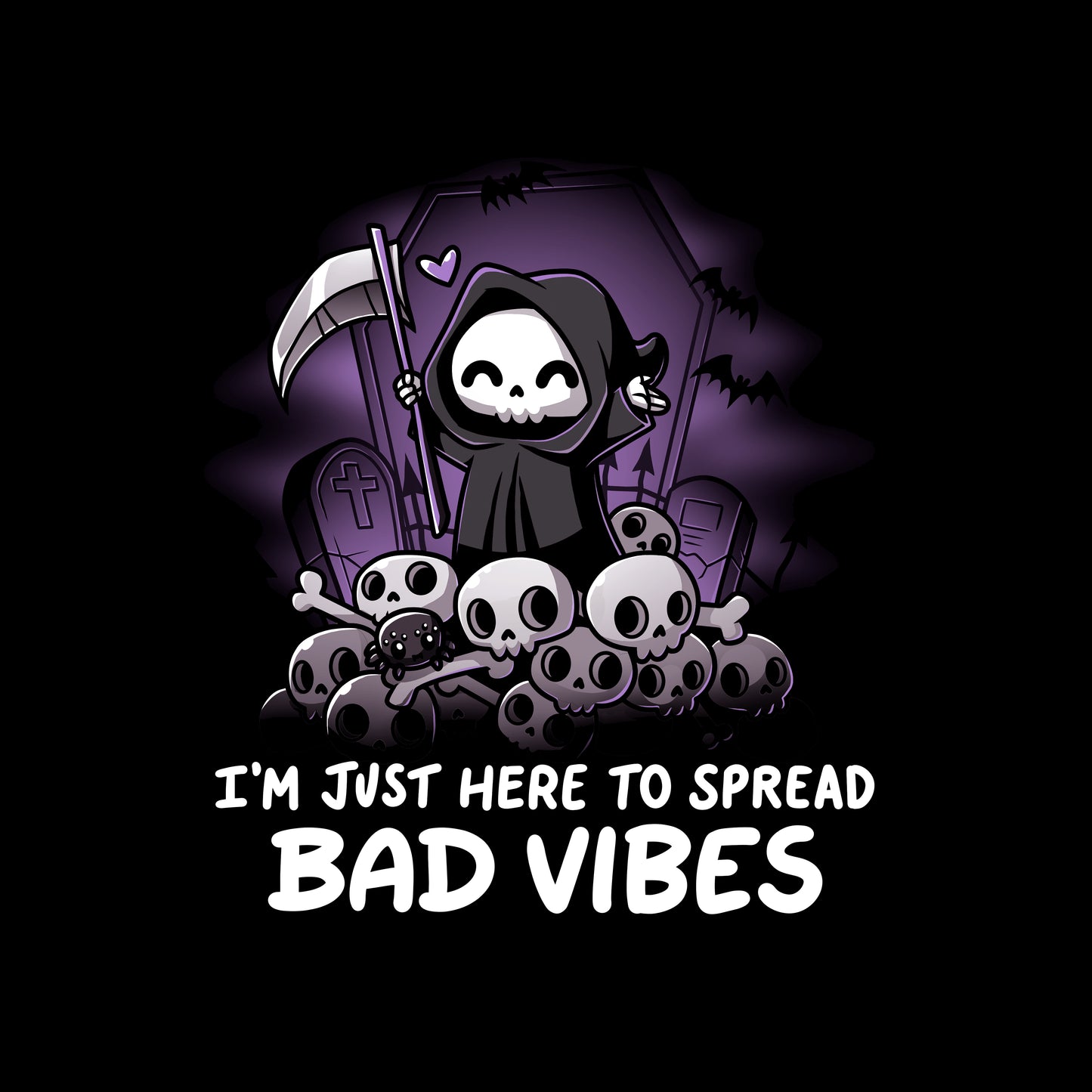 Classic Cotton T-shirt_TeeTurtle I'm just here to spread bad vibes black t-shirt featuring a grim reaper with a scythe.