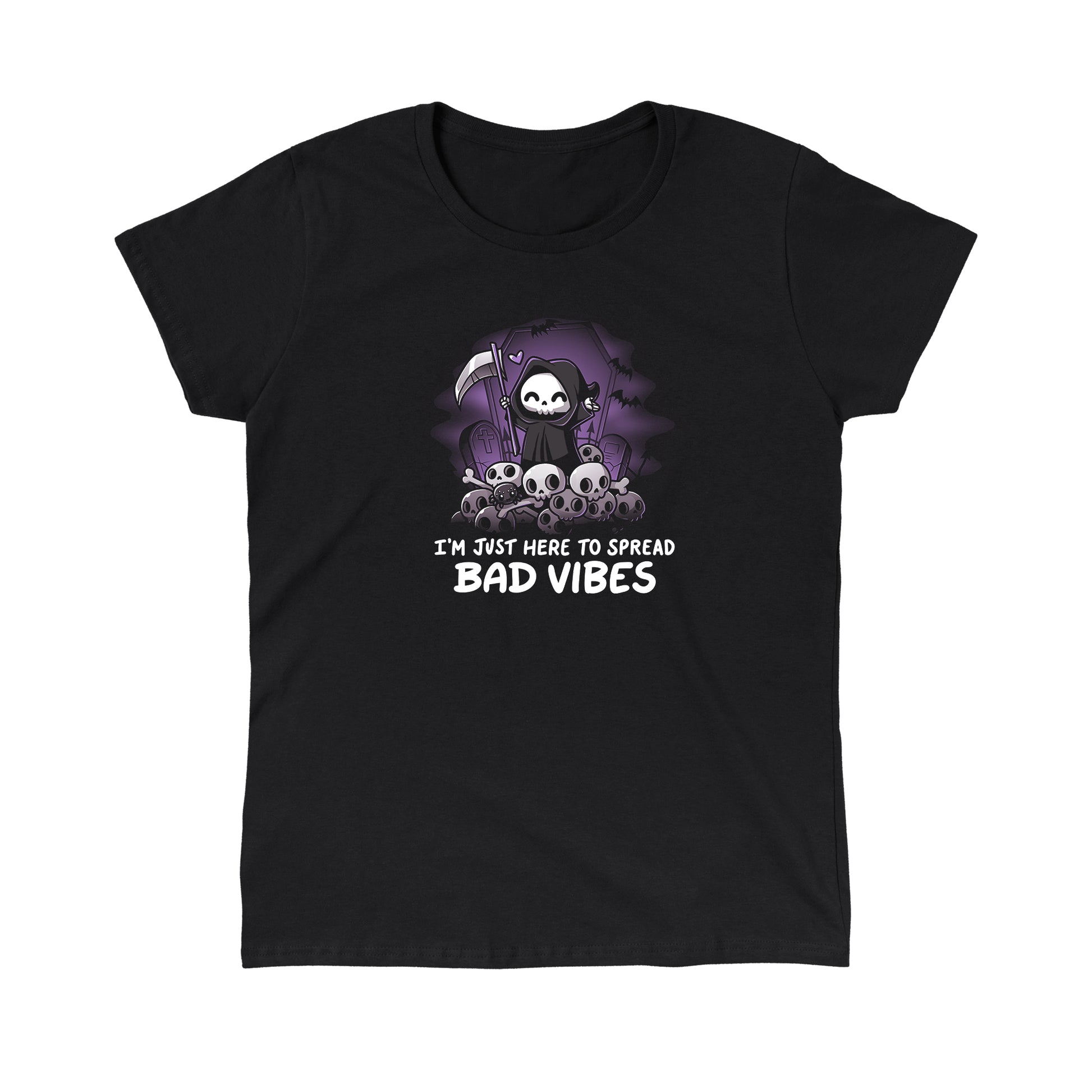 Classic Cotton T-shirt_TeeTurtle I'm just here to spread bad vibes black t-shirt featuring a grim reaper with a scythe.