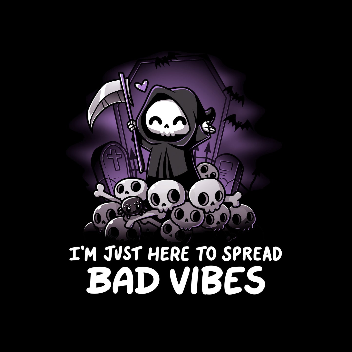 Long Sleeve T-shirt_TeeTurtle I'm just here to spread bad vibes black t-shirt featuring a grim reaper with a scythe.