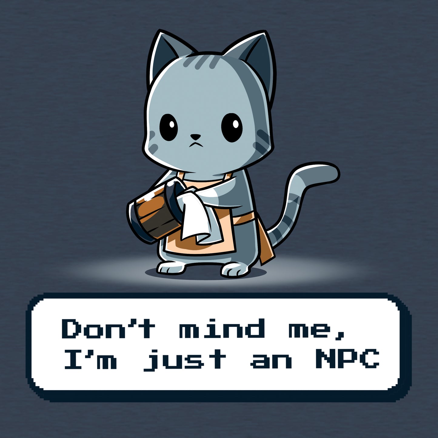 Classic Cotton T-shirt_TeeTurtle I'm Just An NPC heather navy blue t-shirt featuring a cat holding a mug and wearing an apron.