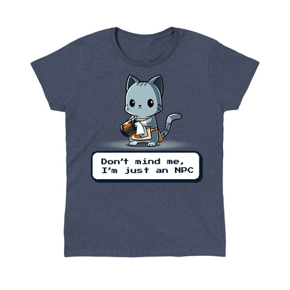 Classic Cotton T-shirt_TeeTurtle I'm Just An NPC heather navy blue t-shirt featuring a cat holding a mug and wearing an apron.