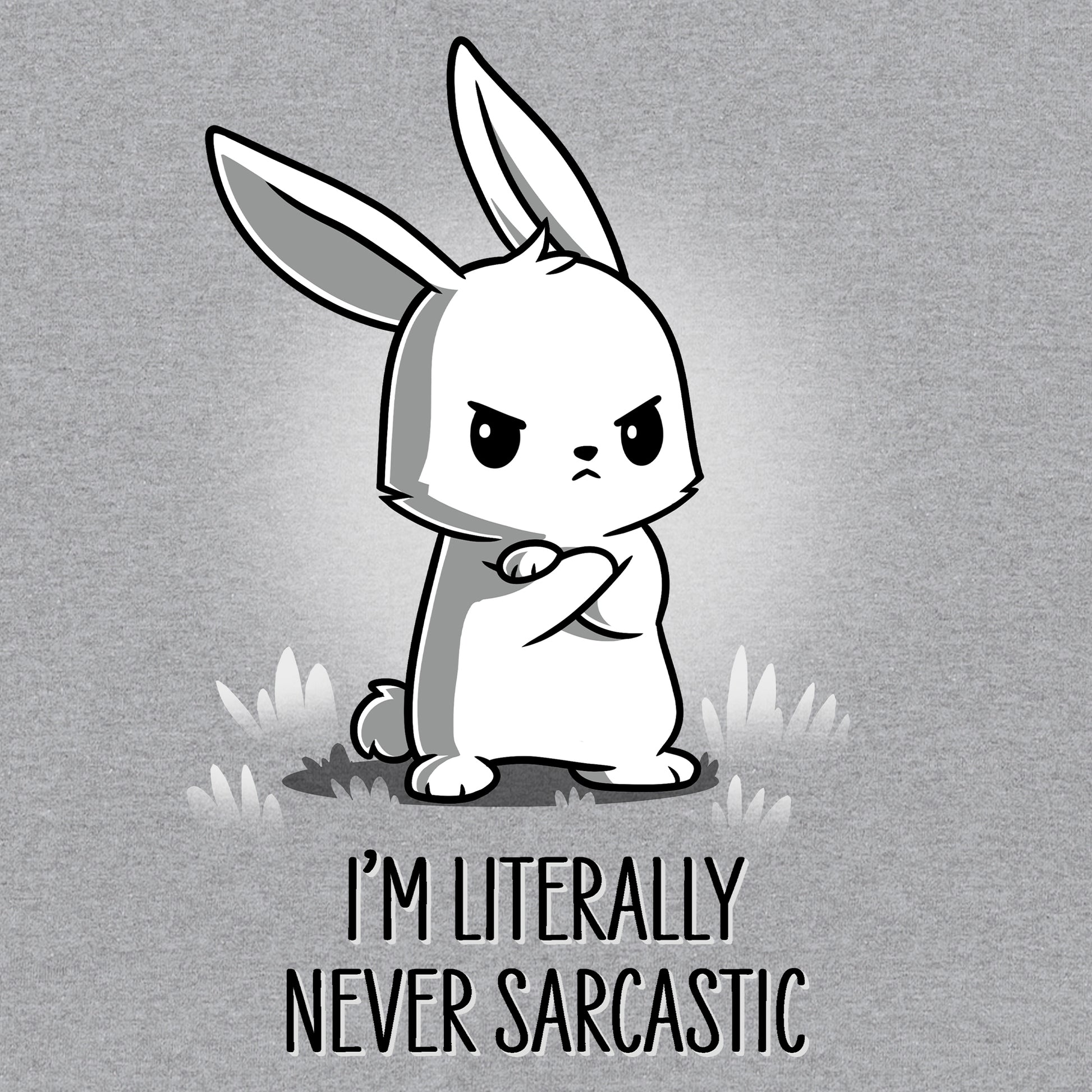 Classic Cotton T-shirt_TeeTurtle I'm Literally Never Sarcastic heather gray t-shirt featuring a sarcastic bunny with its arms crossed looking a little grumpy.