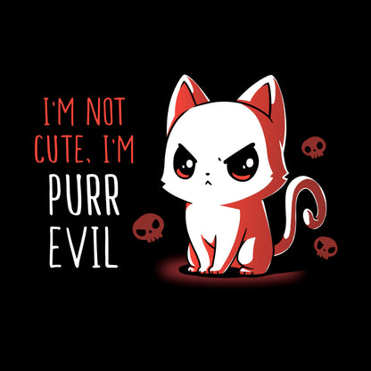 Long Sleeve T-shirt_Illustration of a frowning red and white cat with the text "I'm not cute, I'm purr evil" against a black background, accompanied by small skull icons. Available on a super soft ringspun cotton black unisex tee, this "I'm Not Cute, I'm Purr Evil" apparel from monsterdigital is perfect for those who embrace their darker side.