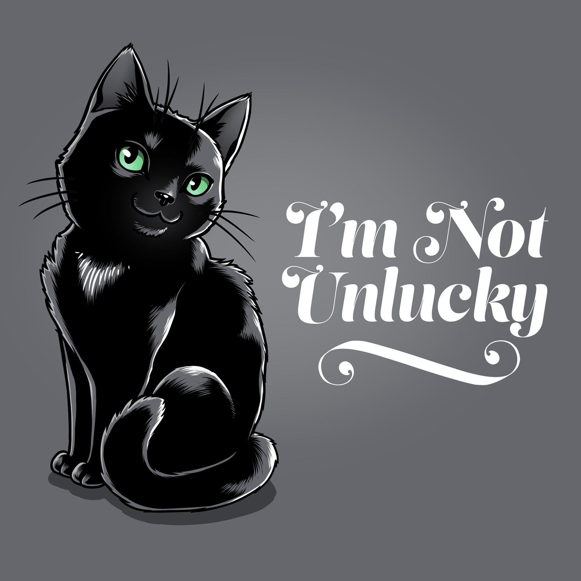 Classic Cotton T-shirt_TeeTurtle I'm not Unlucky charcoal gray t-shirt featuring a black cat with green eyes sitting.