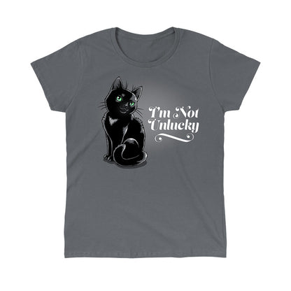 Classic Cotton T-shirt_TeeTurtle I'm not Unlucky charcoal gray t-shirt featuring a black cat with green eyes sitting.