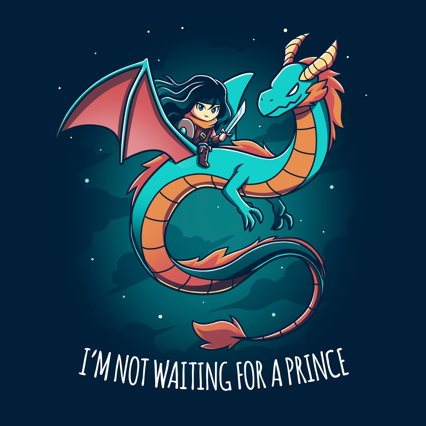 Classic Cotton T-shirt_TeeTurtle I'm Not Waiting for a Prince navy blue t-shirt featuring a woman with a sword riding a dragon.