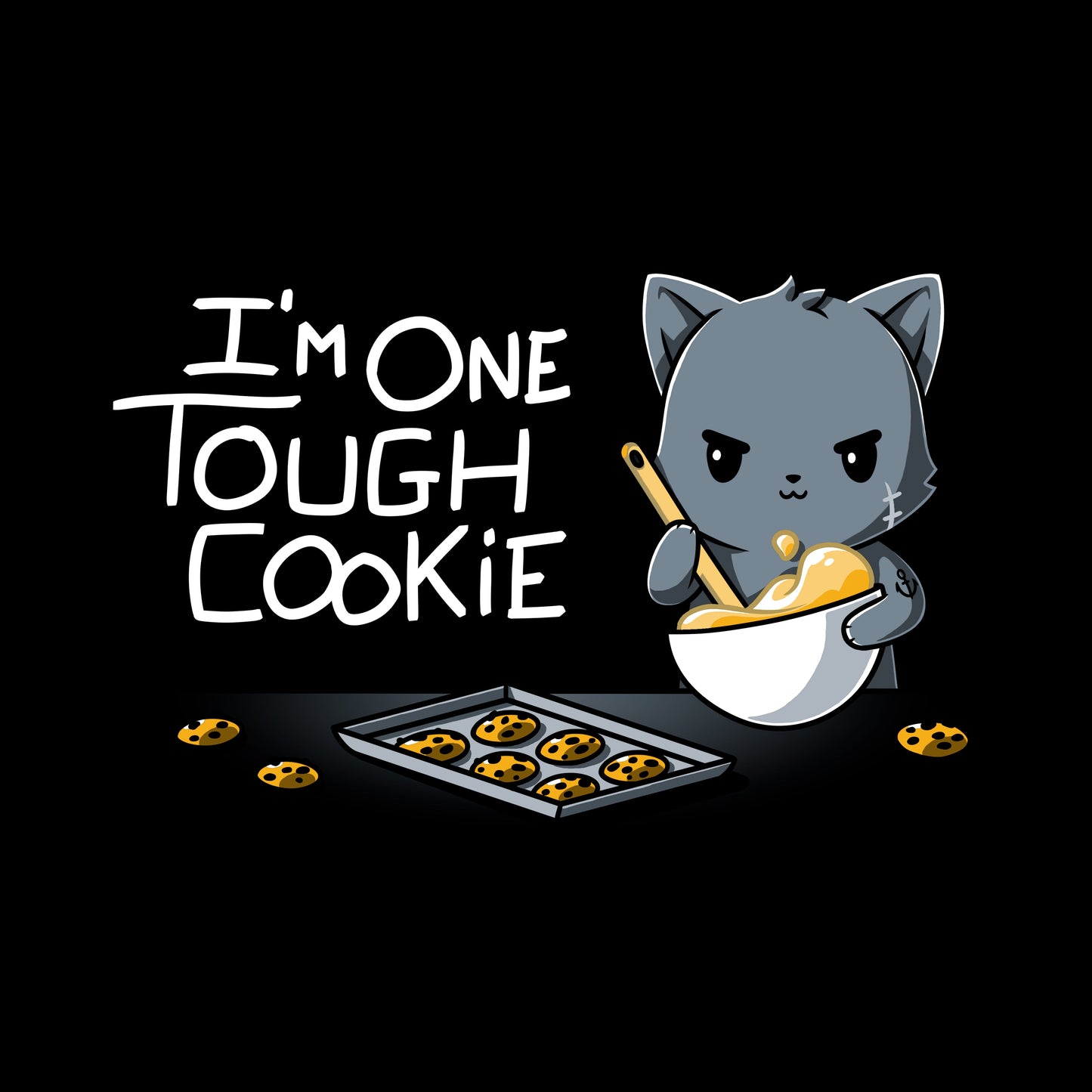 Classic Cotton T-shirt_TeeTurtle I'm One Tough Cookie black t-shirt featuring a tough cat baking cookies.