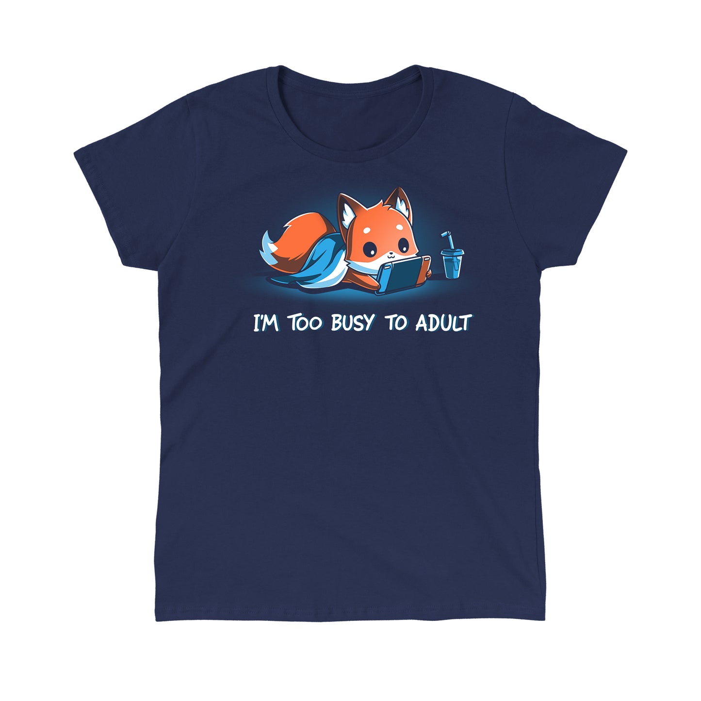 Classic Cotton T-shirt_TeeTurtle I'm Too Busy to Adult navy blue t-shirt featuring a fox lying down with a blue blanket, holding a video game tablet, next to a drink with a straw. Text below reads, "I'M TOO BUSY TO ADULT." 