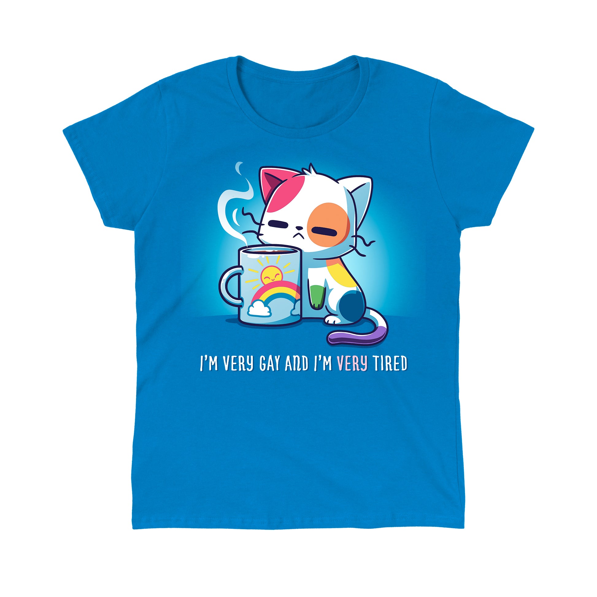 Classic Cotton T-shirt_TeeTurtle I'm Very Gay And Very Tired Sapphire Blue t-shirt featuring a cartoon cat with colorful patches holds a steaming cup featuring a rainbow and the sun. Text below reads, "I'm Very Gay and Very Tired" 