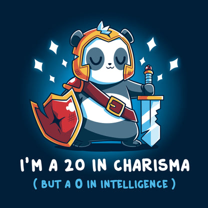 Classic Cotton T-shirt_TeeTurtle I'm a 20 in Charisma navy blue t-shirt featuring a fantasy panda wearing armor and holding a sword and shield with sparkles around them.