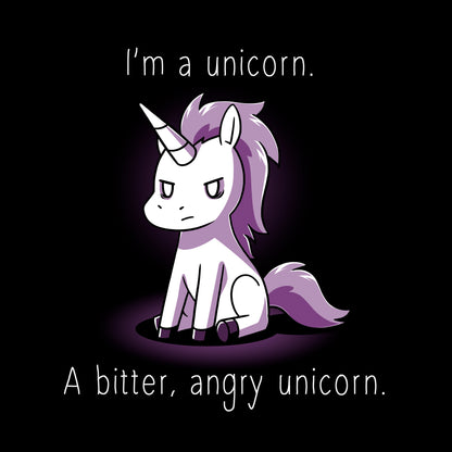 Classic Cotton T-shirt_A cartoon unicorn with a stern expression sits against a dark background on this I'm a Bitter, Angry Unicorn apparel. The text reads, "I'm a unicorn. A bitter, angry unicorn." Available in unisex and women's appareloptions, crafted from black super soft ringspun cotton for ultimate comfort by monsterdigital.