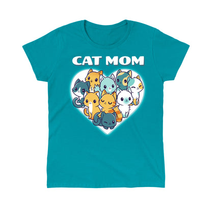 Classic Cotton T-shirt_TeeTurtle Cat Mom Tropical Blue t-shirt featuring a bunch of different fur patterned cats in the shape of a heart.