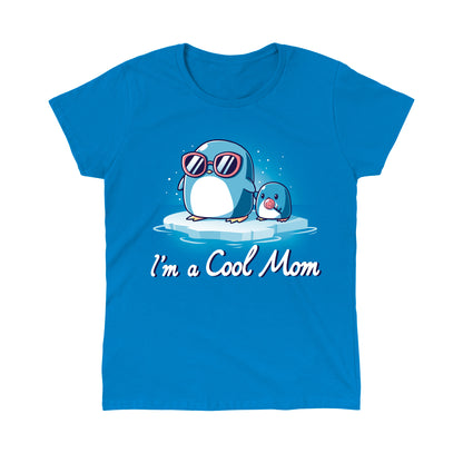 Classic Cotton T-shirt_TeeTurtle I'm a Cool Mom sapphire blue t-shirt featuring two penguins on ice, one wearing sunglasses.