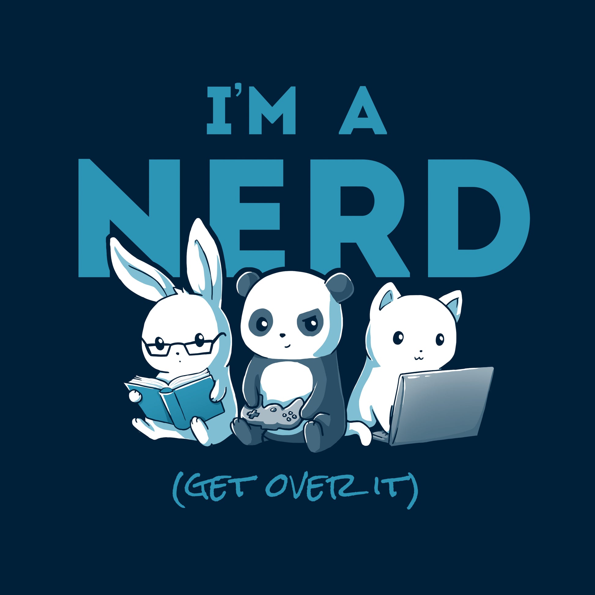 Crewneck Sweatshirt_TeeTurtle navy blue I'm A Nerd. Featuring a bunny, panda, and cat respectively reading, playing a video game, and typing on a laptop.