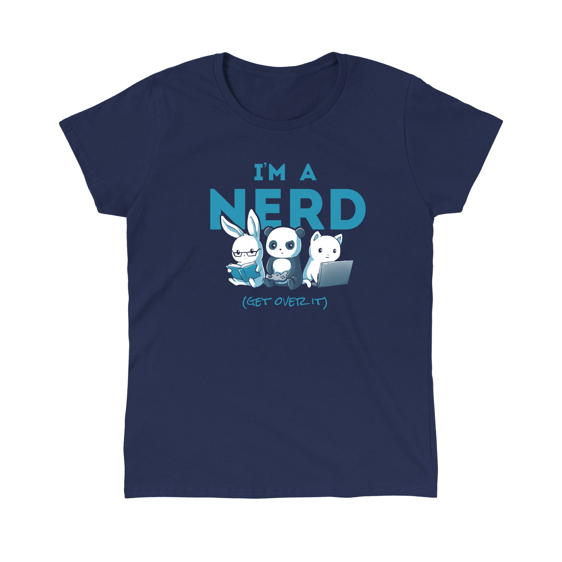 Classic Cotton T-shirt_TeeTurtle navy blue I'm A Nerd. Featuring a bunny, panda, and cat respectively reading, playing a video game, and typing on a laptop.