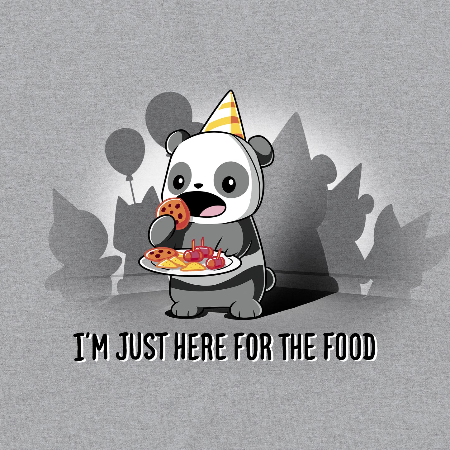 Classic Cotton T-shirt_TeeTurtle I'm Just Here for the Food heather gray t-shirt featuring a cartoon panda wearing a yellow party hat holding a tray of party food and about to eat a cookie, with the text "I'M JUST HERE FOR THE FOOD" below it. Shadows of balloons and party items are in the background.