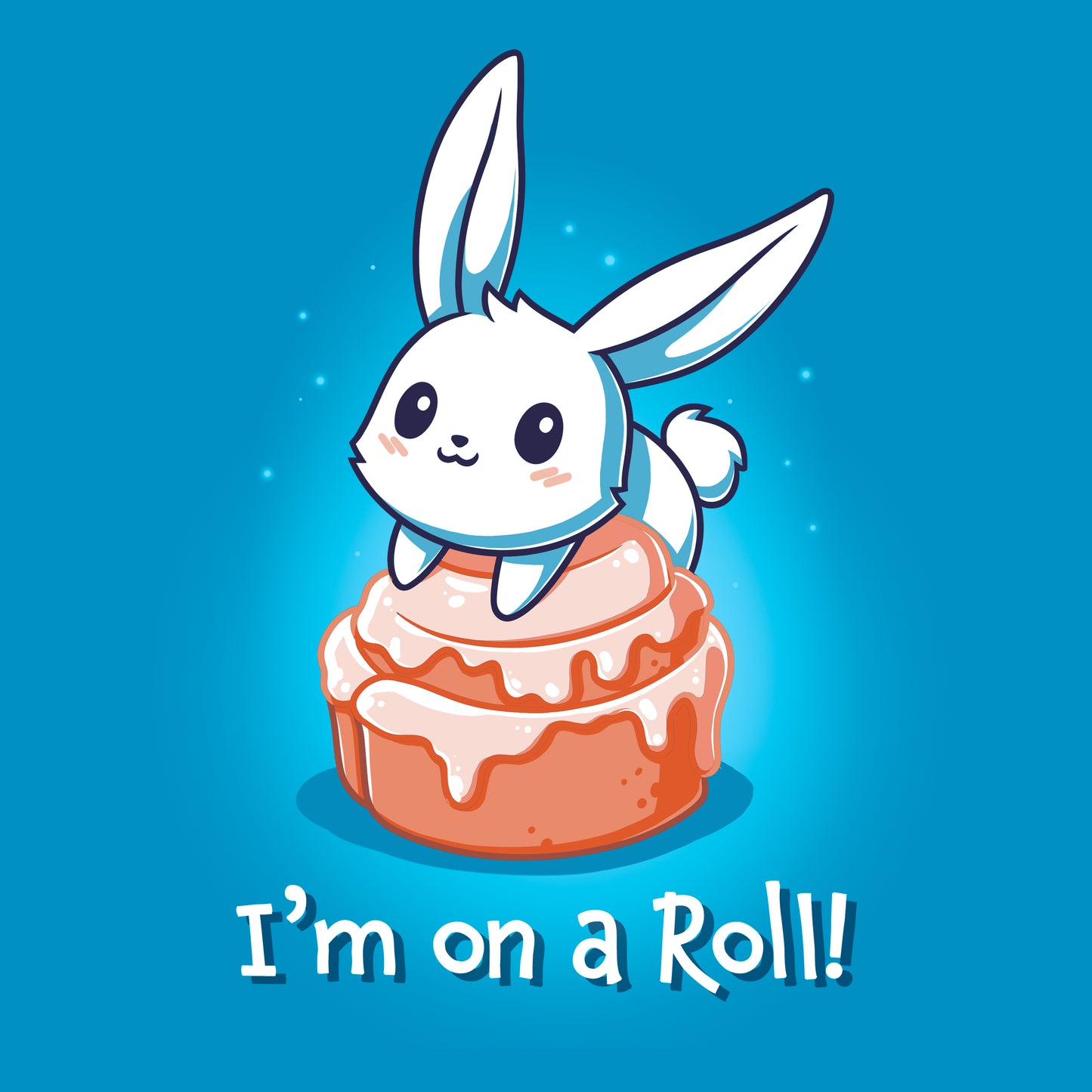 Classic Cotton T-shirt_TeeTurtle I'm On A Cinnamon Roll Sapphire Blue t-shirt featuring a cute cartoon bunny sitting on top of a glazed cinnamon roll with the text "I'm On a Roll!" written below.