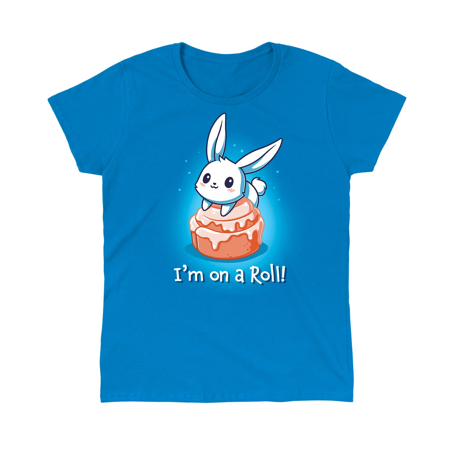 Classic Cotton T-shirt_TeeTurtle I'm On A Cinnamon Roll Sapphire Blue t-shirt featuring a cute cartoon bunny sitting on top of a glazed cinnamon roll with the text "I'm On a Roll!" written below.